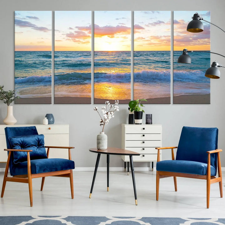 A beautiful Golden Sunset Over Ocean Waves triptych wall art is displayed, enhancing the serene atmosphere.