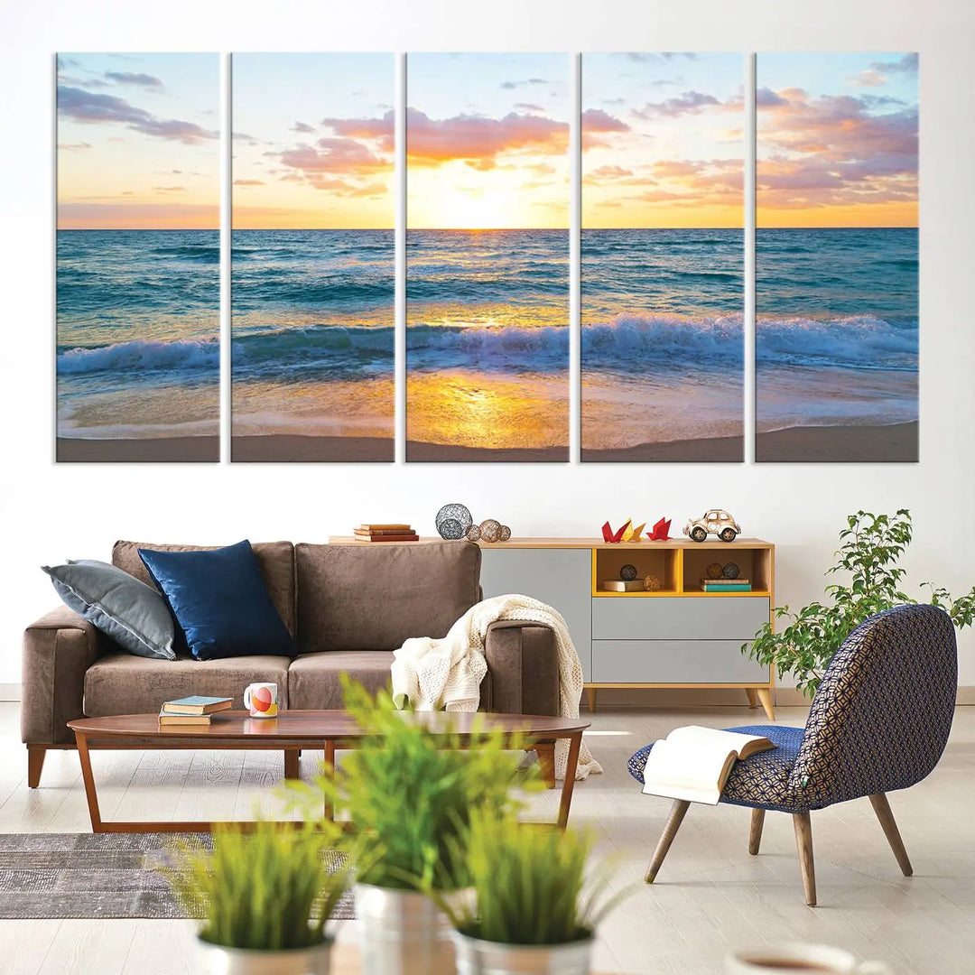 A beautiful Golden Sunset Over Ocean Waves triptych wall art is displayed, enhancing the serene atmosphere.