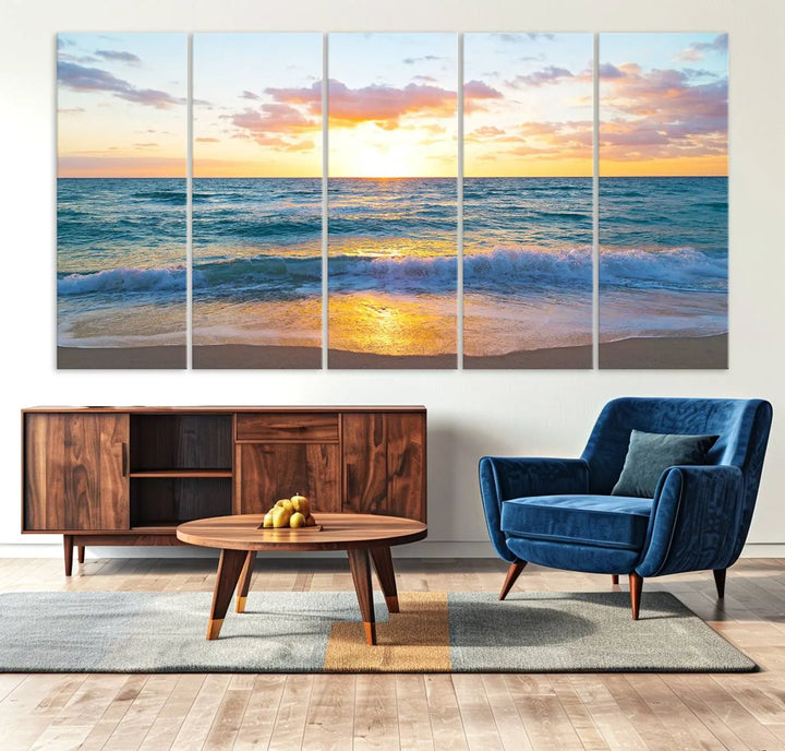 A beautiful Golden Sunset Over Ocean Waves triptych wall art is displayed, enhancing the serene atmosphere.