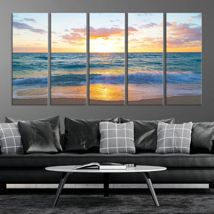 A beautiful Golden Sunset Over Ocean Waves triptych wall art is displayed, enhancing the serene atmosphere.