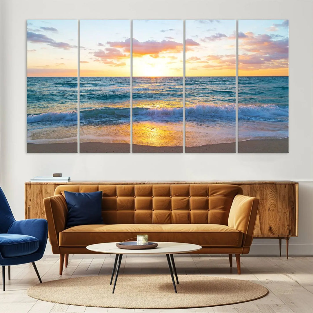 A beautiful Golden Sunset Over Ocean Waves triptych wall art is displayed, enhancing the serene atmosphere.