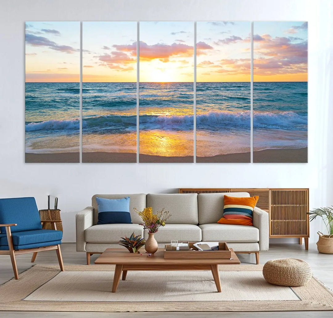 A beautiful Golden Sunset Over Ocean Waves triptych wall art is displayed, enhancing the serene atmosphere.