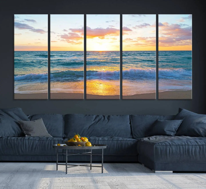 A beautiful Golden Sunset Over Ocean Waves triptych wall art is displayed, enhancing the serene atmosphere.