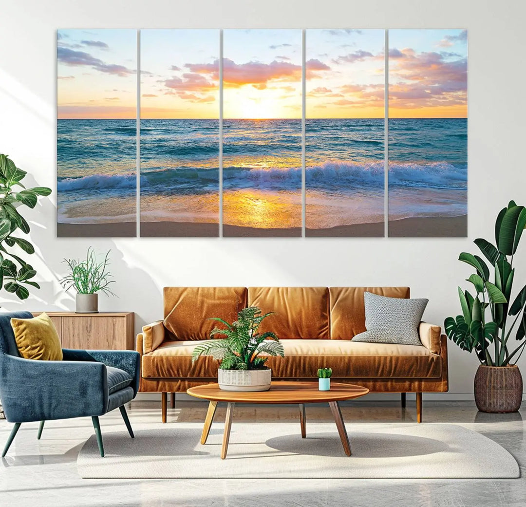 A beautiful Golden Sunset Over Ocean Waves triptych wall art is displayed, enhancing the serene atmosphere.