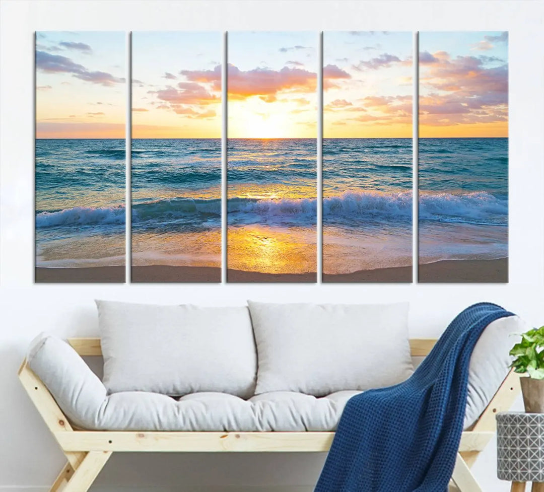 A beautiful Golden Sunset Over Ocean Waves triptych wall art is displayed, enhancing the serene atmosphere.