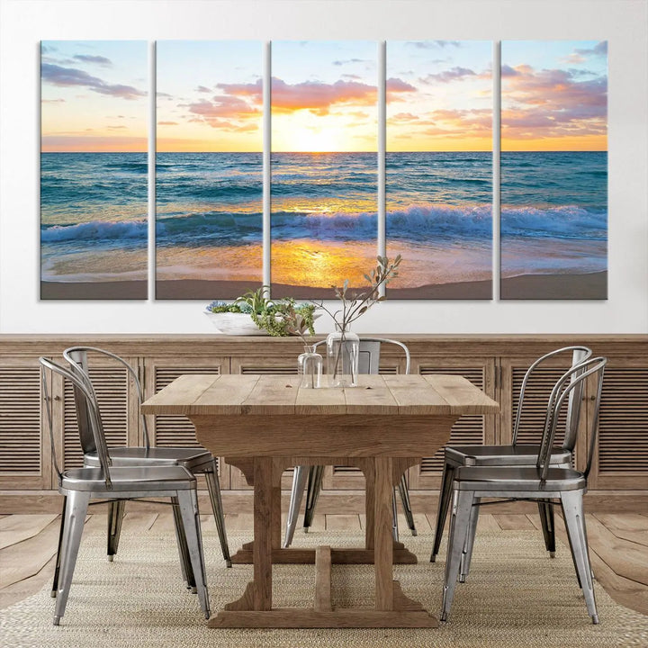 A beautiful Golden Sunset Over Ocean Waves triptych wall art is displayed, enhancing the serene atmosphere.