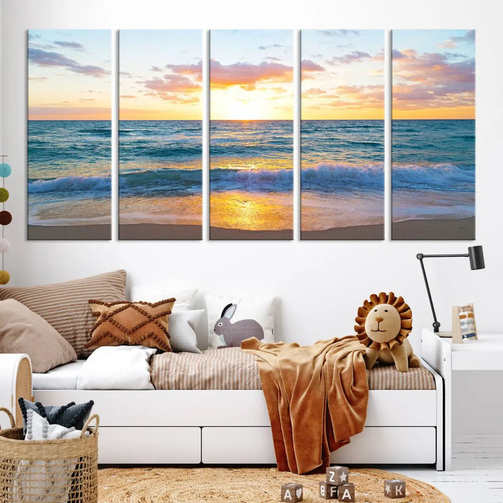 A beautiful Golden Sunset Over Ocean Waves triptych wall art is displayed, enhancing the serene atmosphere.