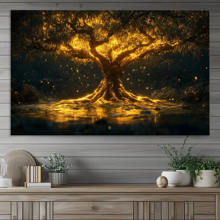 A stunning triptych of the Golden Tree of Life Canvas Wall Art Print showcases its majestic glowing tree design.