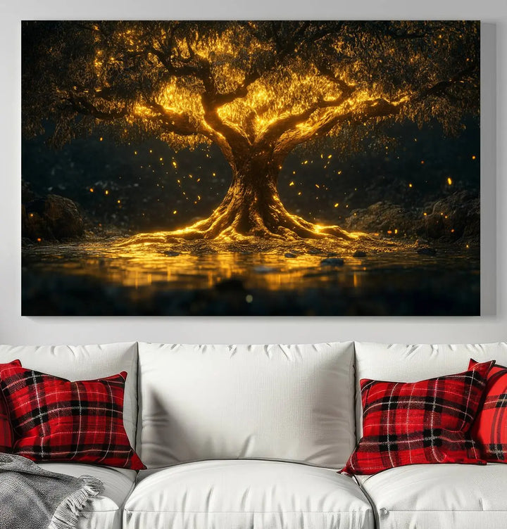 A stunning triptych of the Golden Tree of Life Canvas Wall Art Print showcases its majestic glowing tree design.