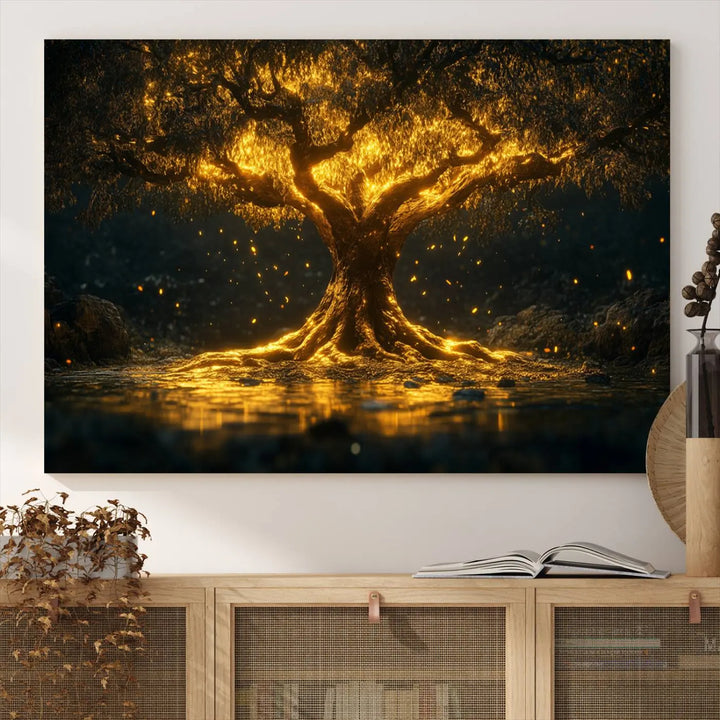 A stunning triptych of the Golden Tree of Life Canvas Wall Art Print showcases its majestic glowing tree design.