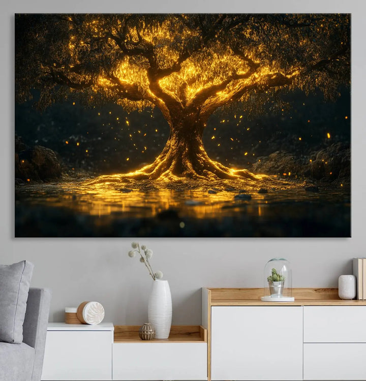 A stunning triptych of the Golden Tree of Life Canvas Wall Art Print showcases its majestic glowing tree design.