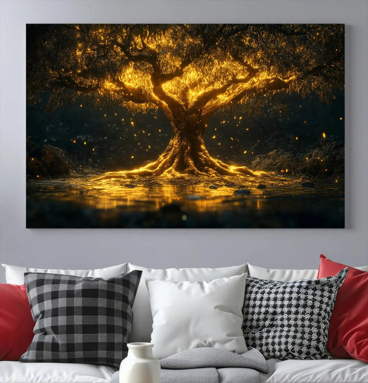 A stunning triptych of the Golden Tree of Life Canvas Wall Art Print showcases its majestic glowing tree design.