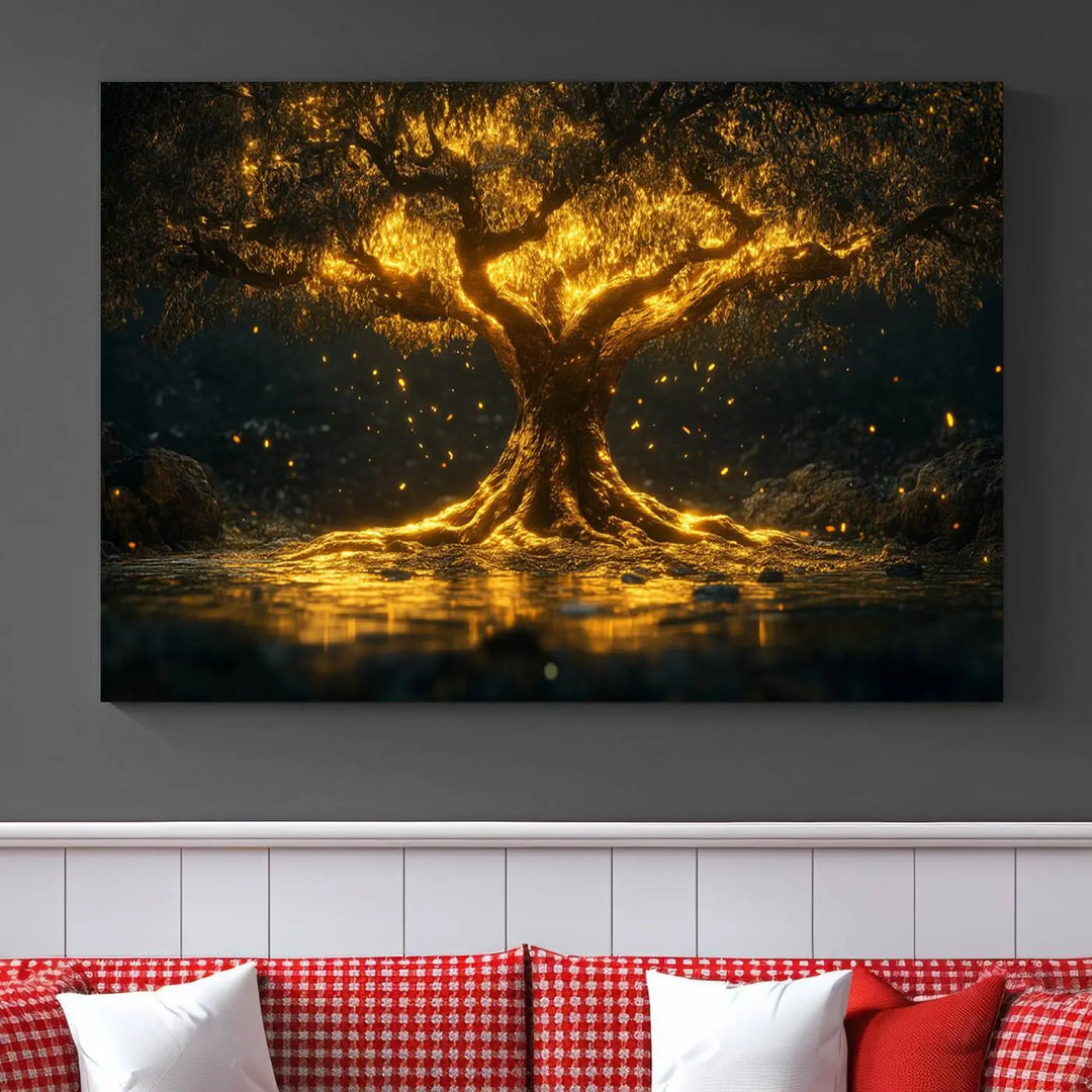 A stunning triptych of the Golden Tree of Life Canvas Wall Art Print showcases its majestic glowing tree design.