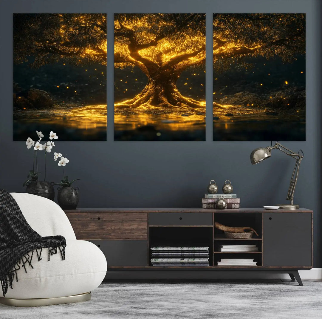 A stunning triptych of the Golden Tree of Life Canvas Wall Art Print showcases its majestic glowing tree design.