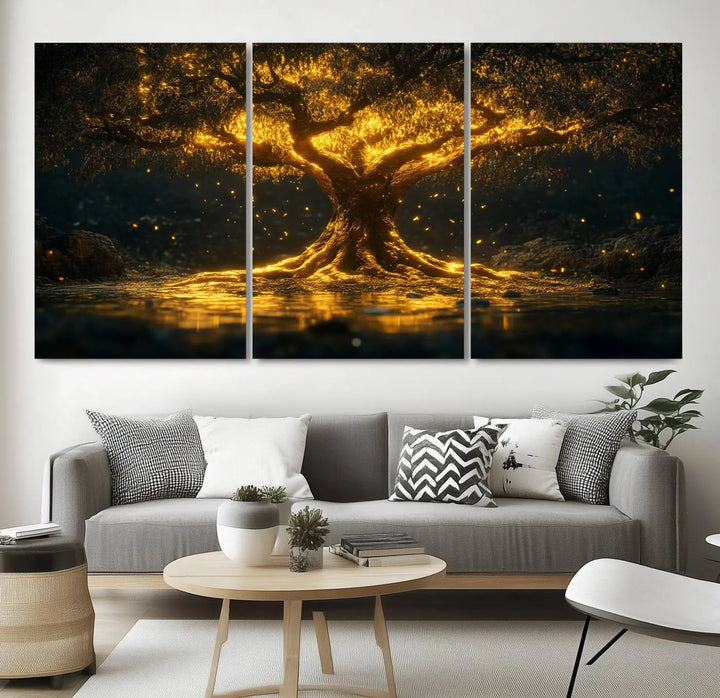 A stunning triptych of the Golden Tree of Life Canvas Wall Art Print showcases its majestic glowing tree design.