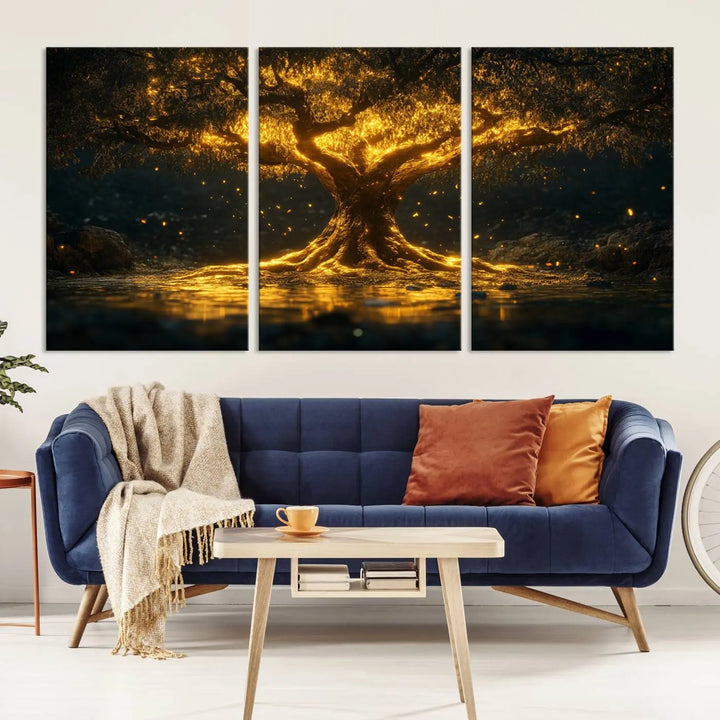 A stunning triptych of the Golden Tree of Life Canvas Wall Art Print showcases its majestic glowing tree design.