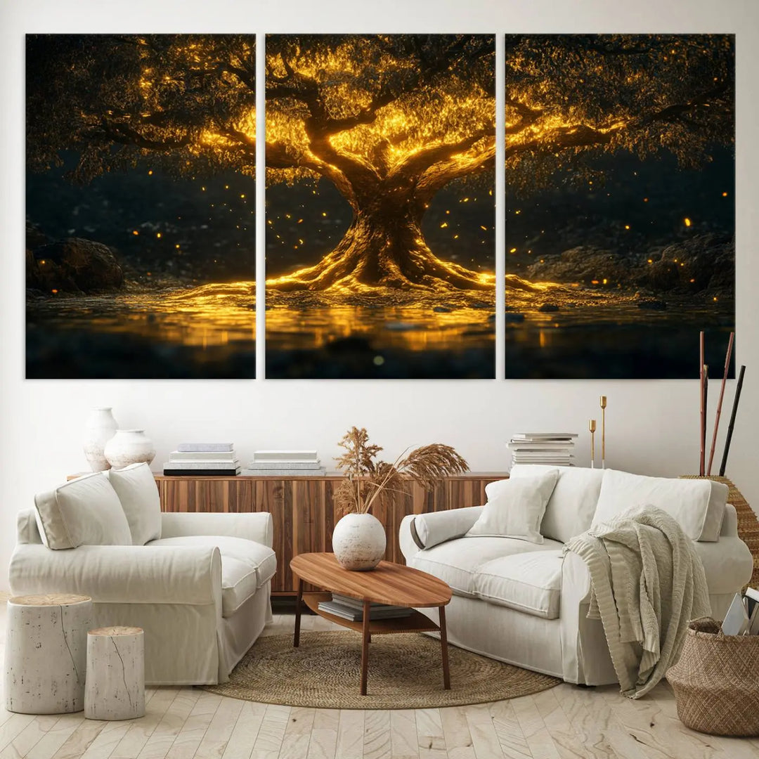 A stunning triptych of the Golden Tree of Life Canvas Wall Art Print showcases its majestic glowing tree design.