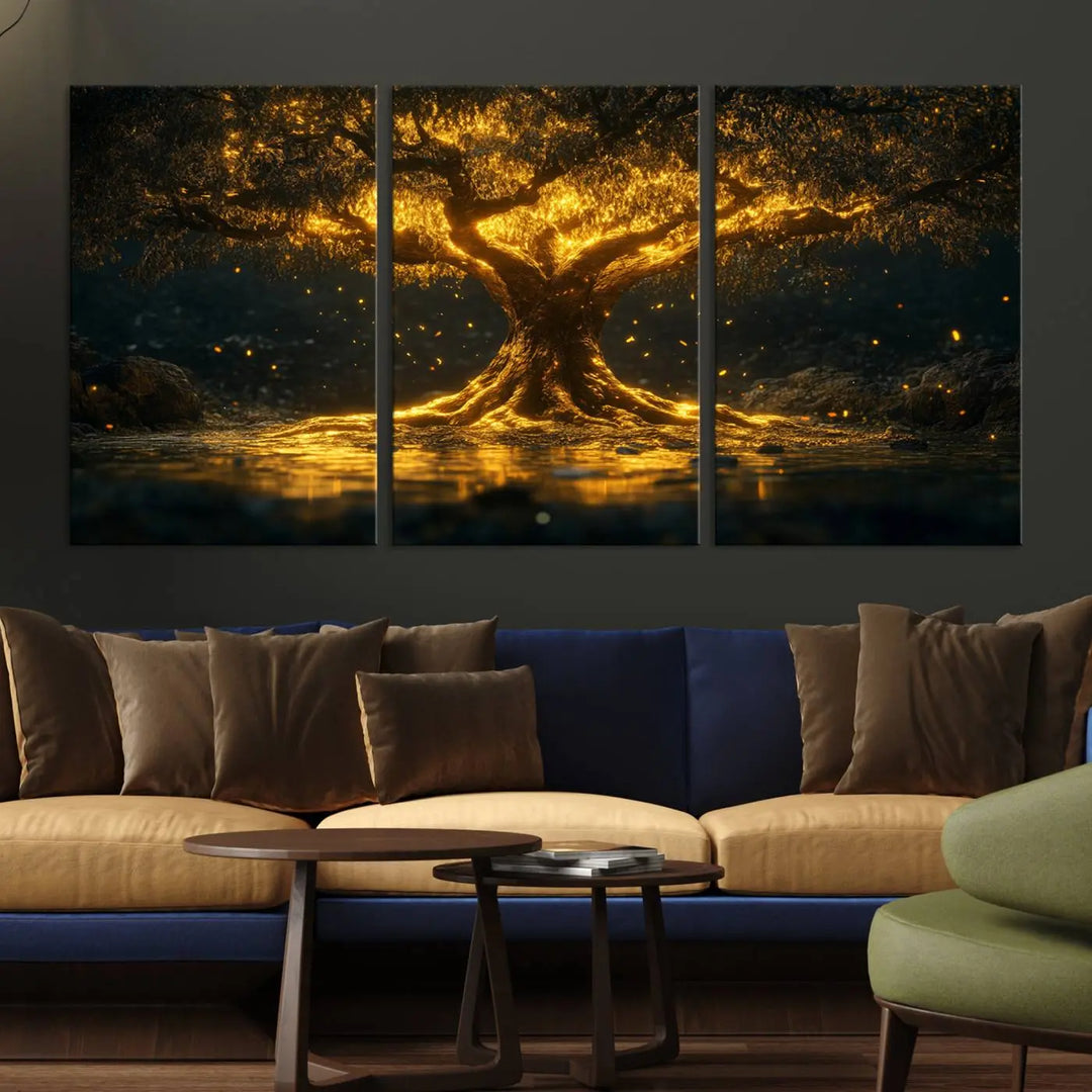 A stunning triptych of the Golden Tree of Life Canvas Wall Art Print showcases its majestic glowing tree design.