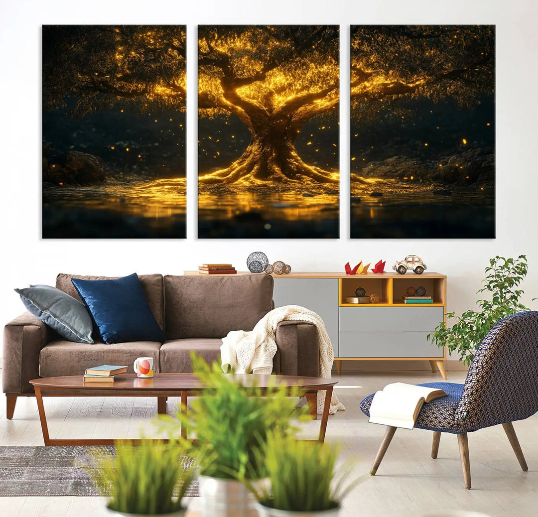 A stunning triptych of the Golden Tree of Life Canvas Wall Art Print showcases its majestic glowing tree design.