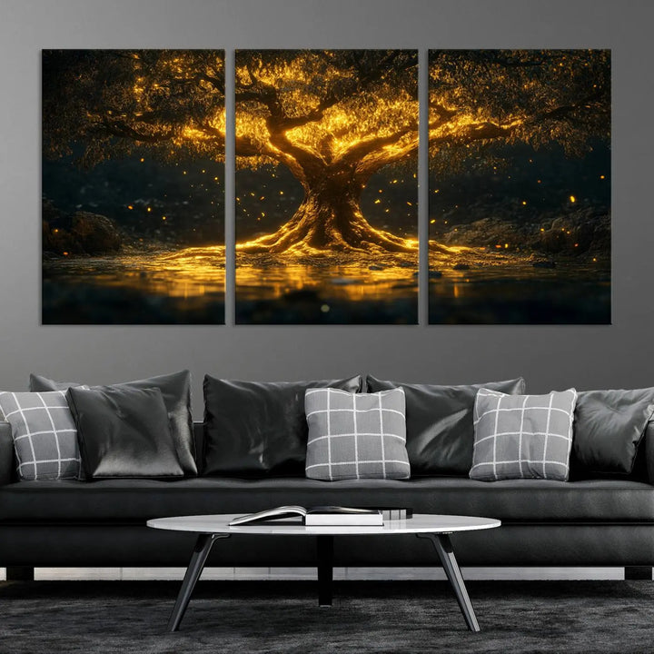 A stunning triptych of the Golden Tree of Life Canvas Wall Art Print showcases its majestic glowing tree design.