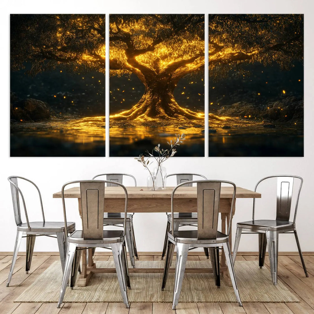 A stunning triptych of the Golden Tree of Life Canvas Wall Art Print showcases its majestic glowing tree design.