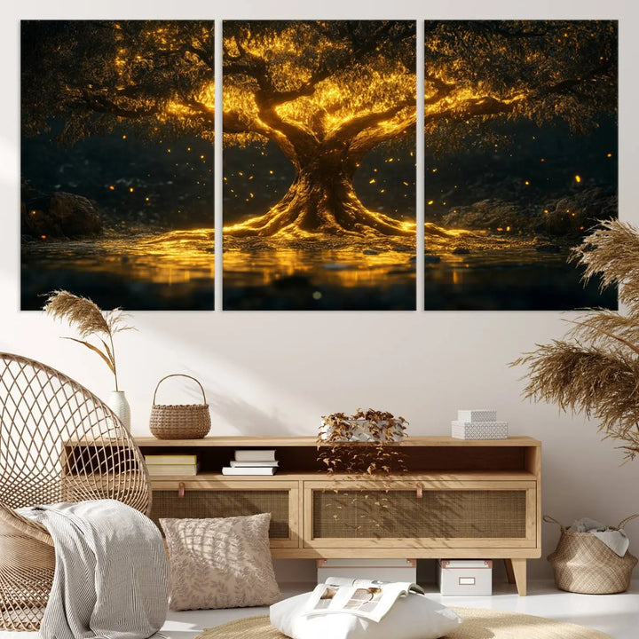 A stunning triptych of the Golden Tree of Life Canvas Wall Art Print showcases its majestic glowing tree design.