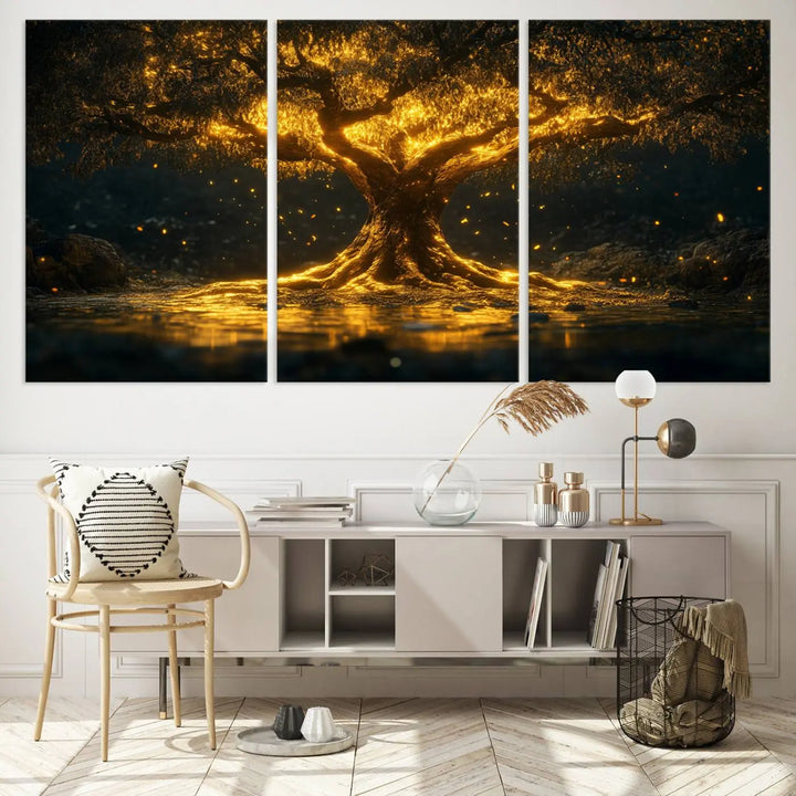 A stunning triptych of the Golden Tree of Life Canvas Wall Art Print showcases its majestic glowing tree design.