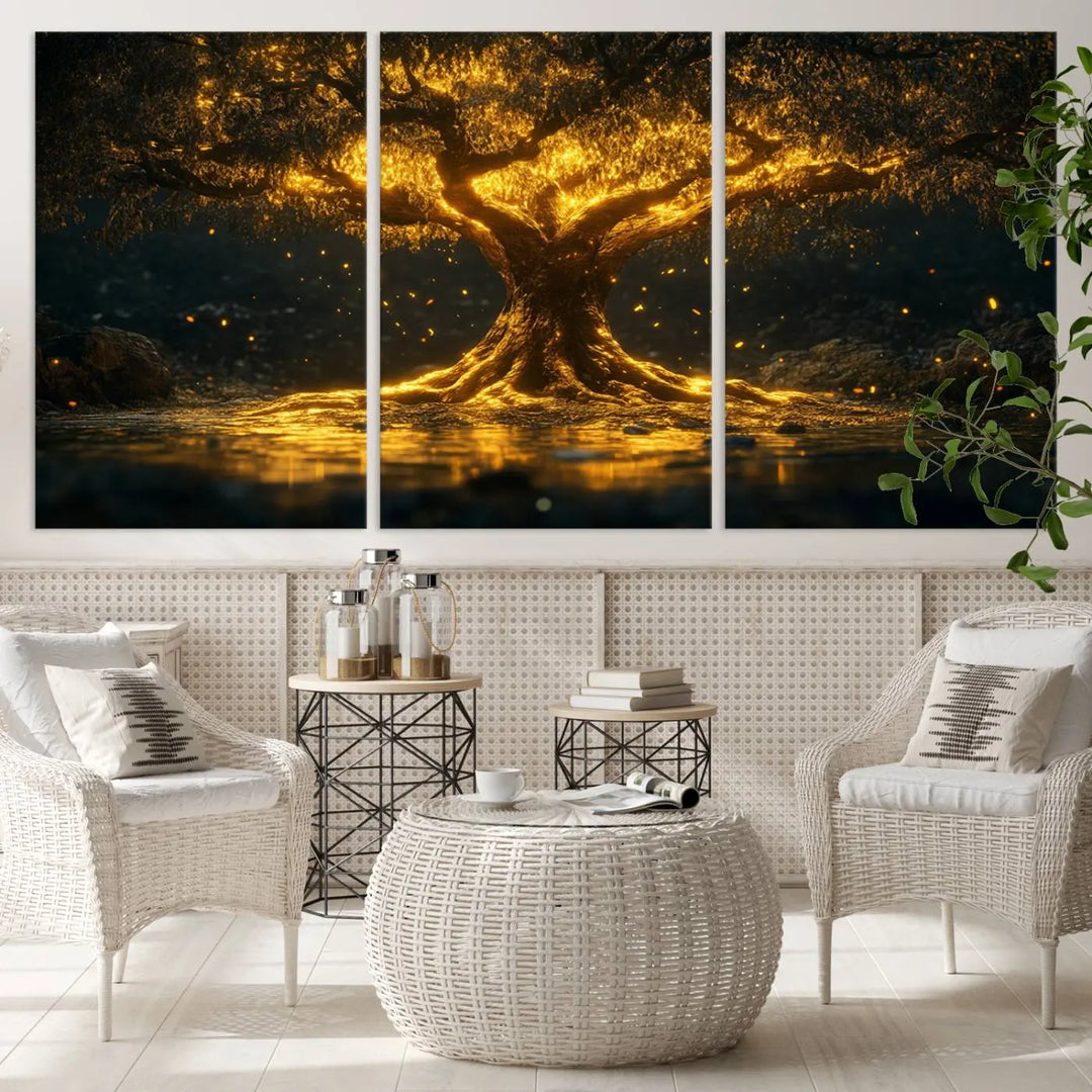 A stunning triptych of the Golden Tree of Life Canvas Wall Art Print showcases its majestic glowing tree design.