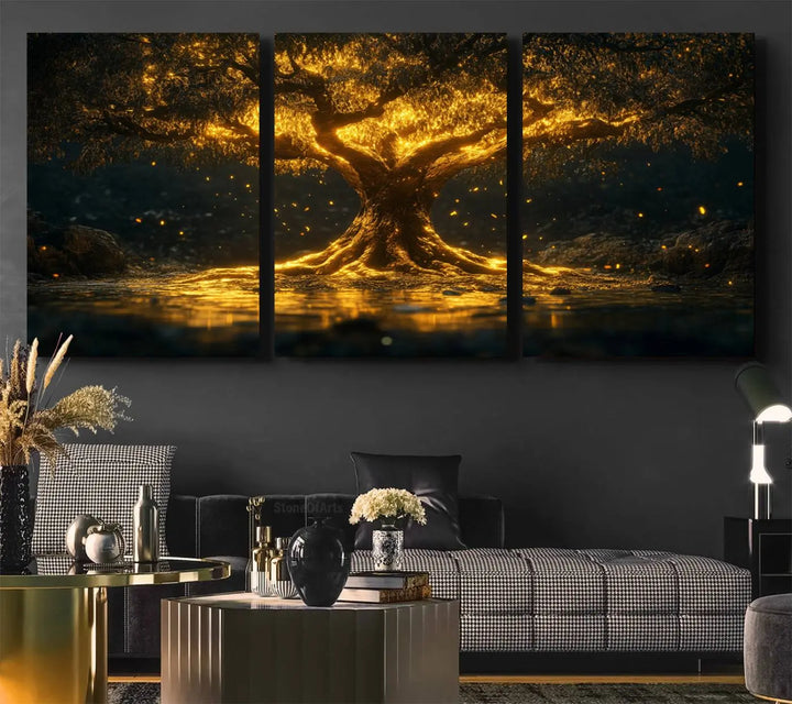 A stunning triptych of the Golden Tree of Life Canvas Wall Art Print showcases its majestic glowing tree design.