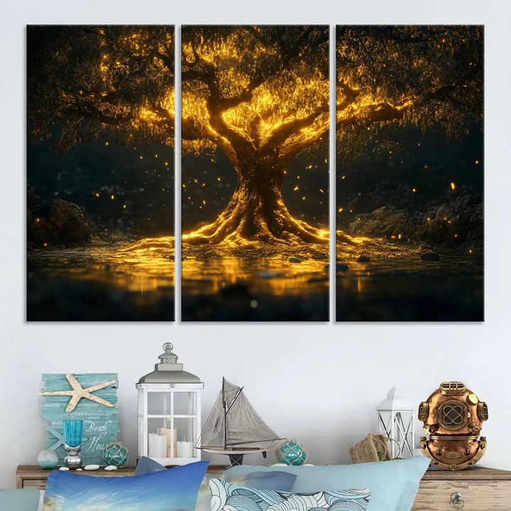 A stunning triptych of the Golden Tree of Life Canvas Wall Art Print showcases its majestic glowing tree design.