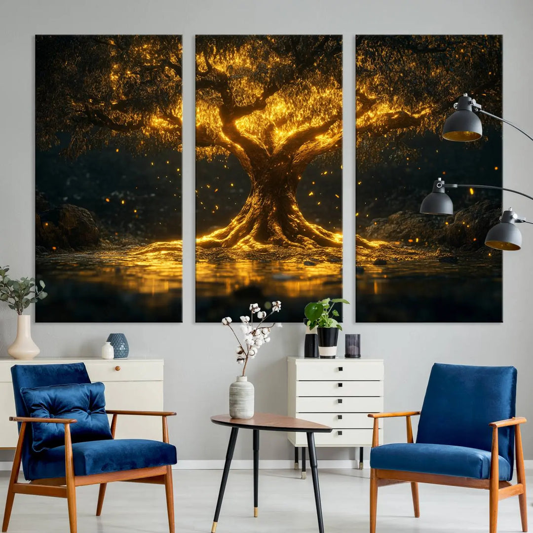 A stunning triptych of the Golden Tree of Life Canvas Wall Art Print showcases its majestic glowing tree design.