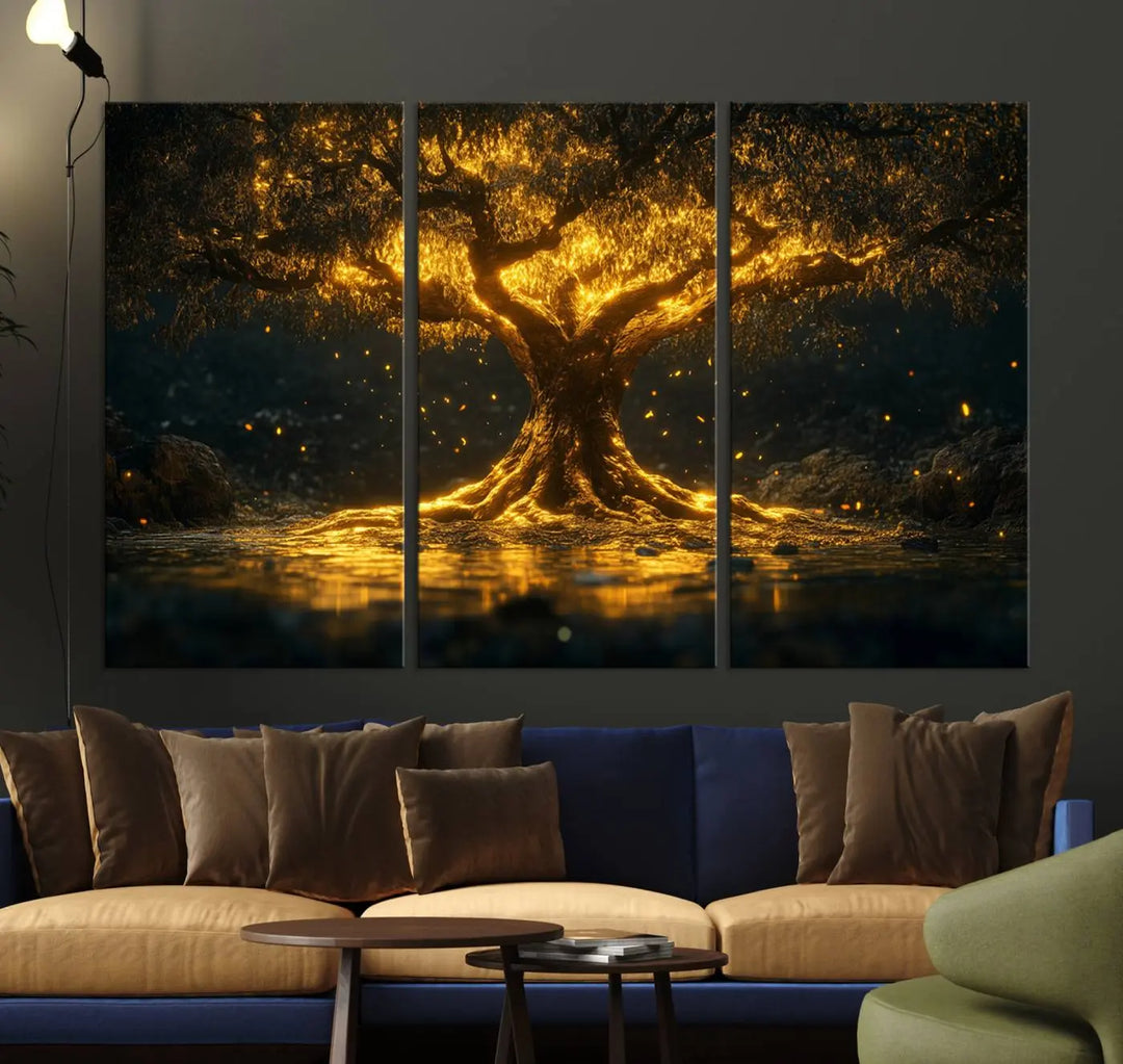 A stunning triptych of the Golden Tree of Life Canvas Wall Art Print showcases its majestic glowing tree design.