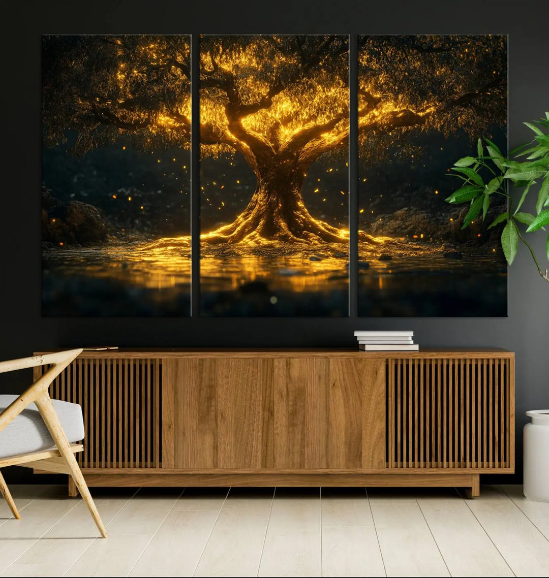 A stunning triptych of the Golden Tree of Life Canvas Wall Art Print showcases its majestic glowing tree design.