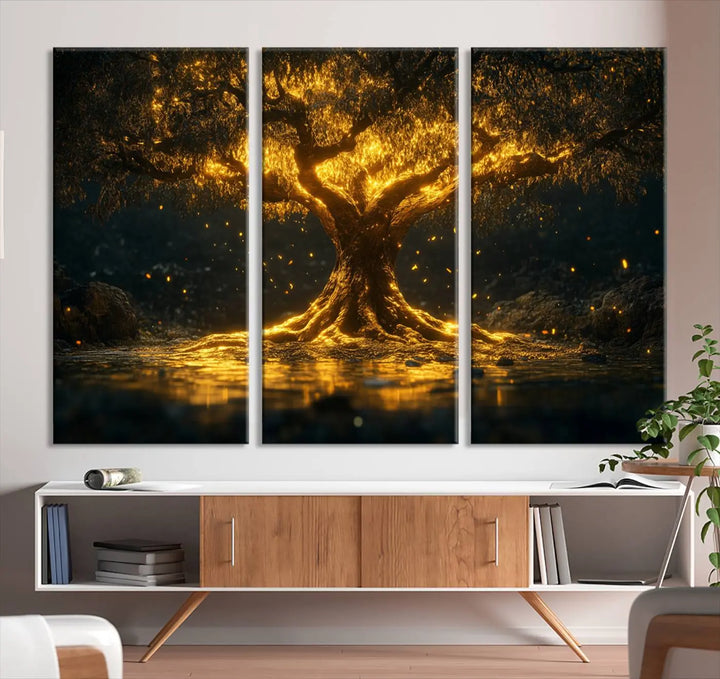 A stunning triptych of the Golden Tree of Life Canvas Wall Art Print showcases its majestic glowing tree design.