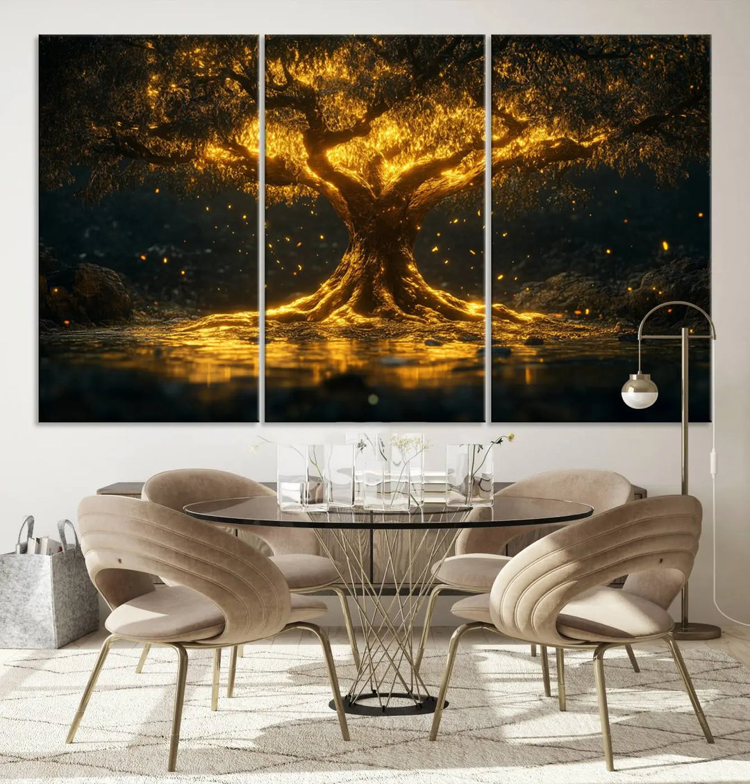 A stunning triptych of the Golden Tree of Life Canvas Wall Art Print showcases its majestic glowing tree design.