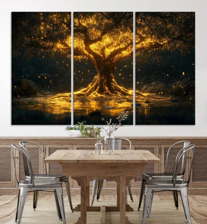 A stunning triptych of the Golden Tree of Life Canvas Wall Art Print showcases its majestic glowing tree design.