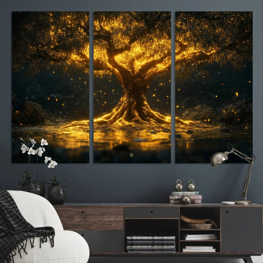 A stunning triptych of the Golden Tree of Life Canvas Wall Art Print showcases its majestic glowing tree design.