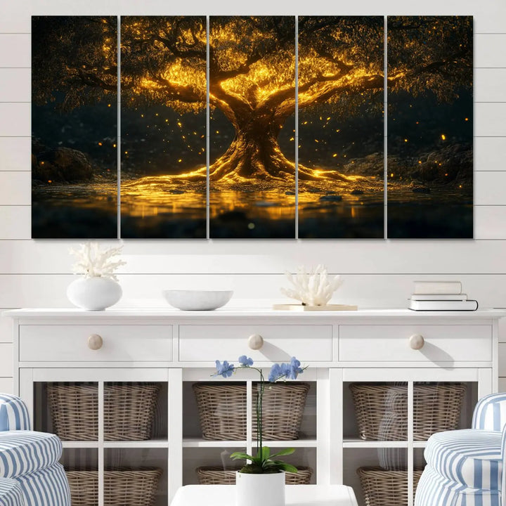 A stunning triptych of the Golden Tree of Life Canvas Wall Art Print showcases its majestic glowing tree design.