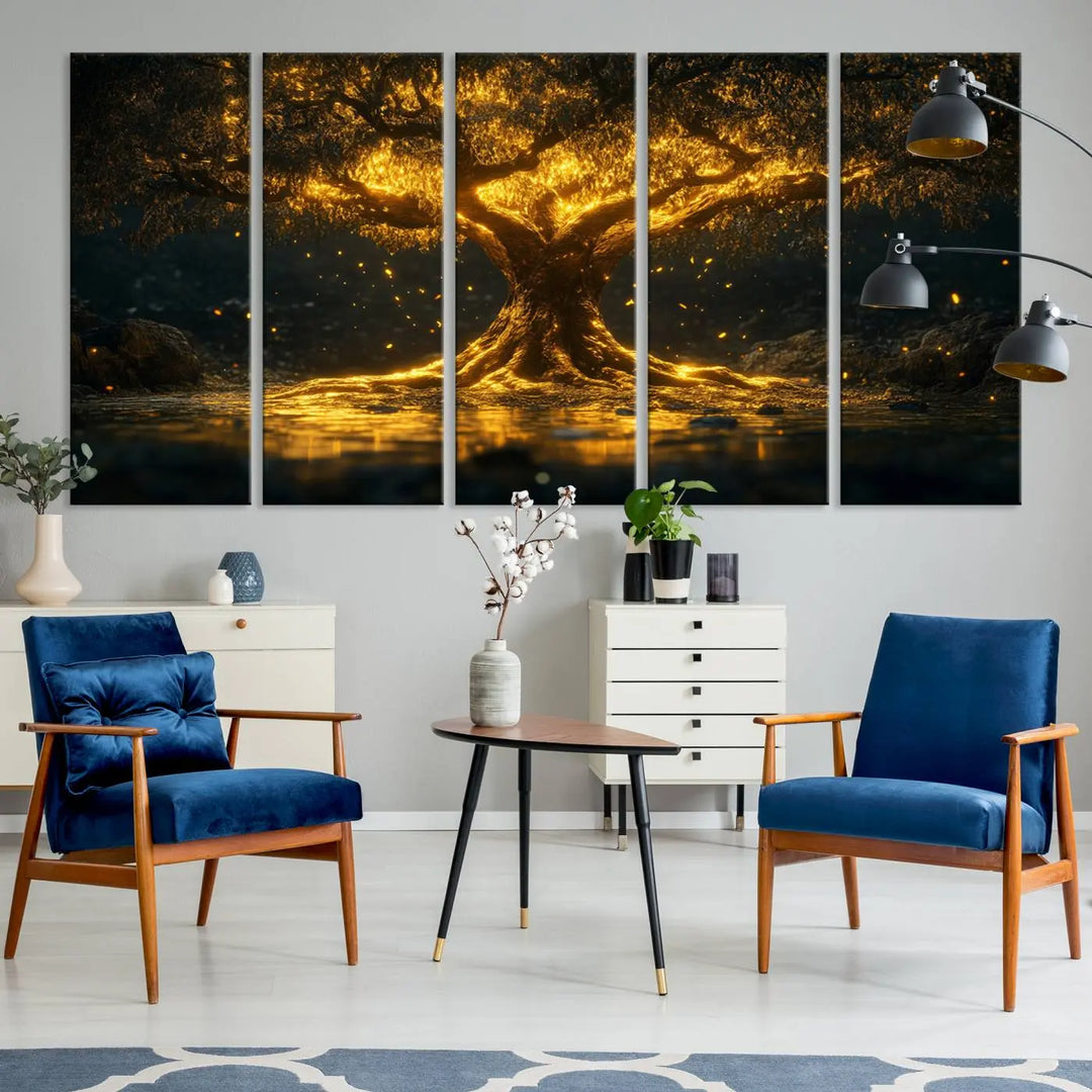 A stunning triptych of the Golden Tree of Life Canvas Wall Art Print showcases its majestic glowing tree design.