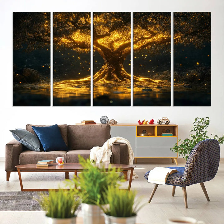 A stunning triptych of the Golden Tree of Life Canvas Wall Art Print showcases its majestic glowing tree design.