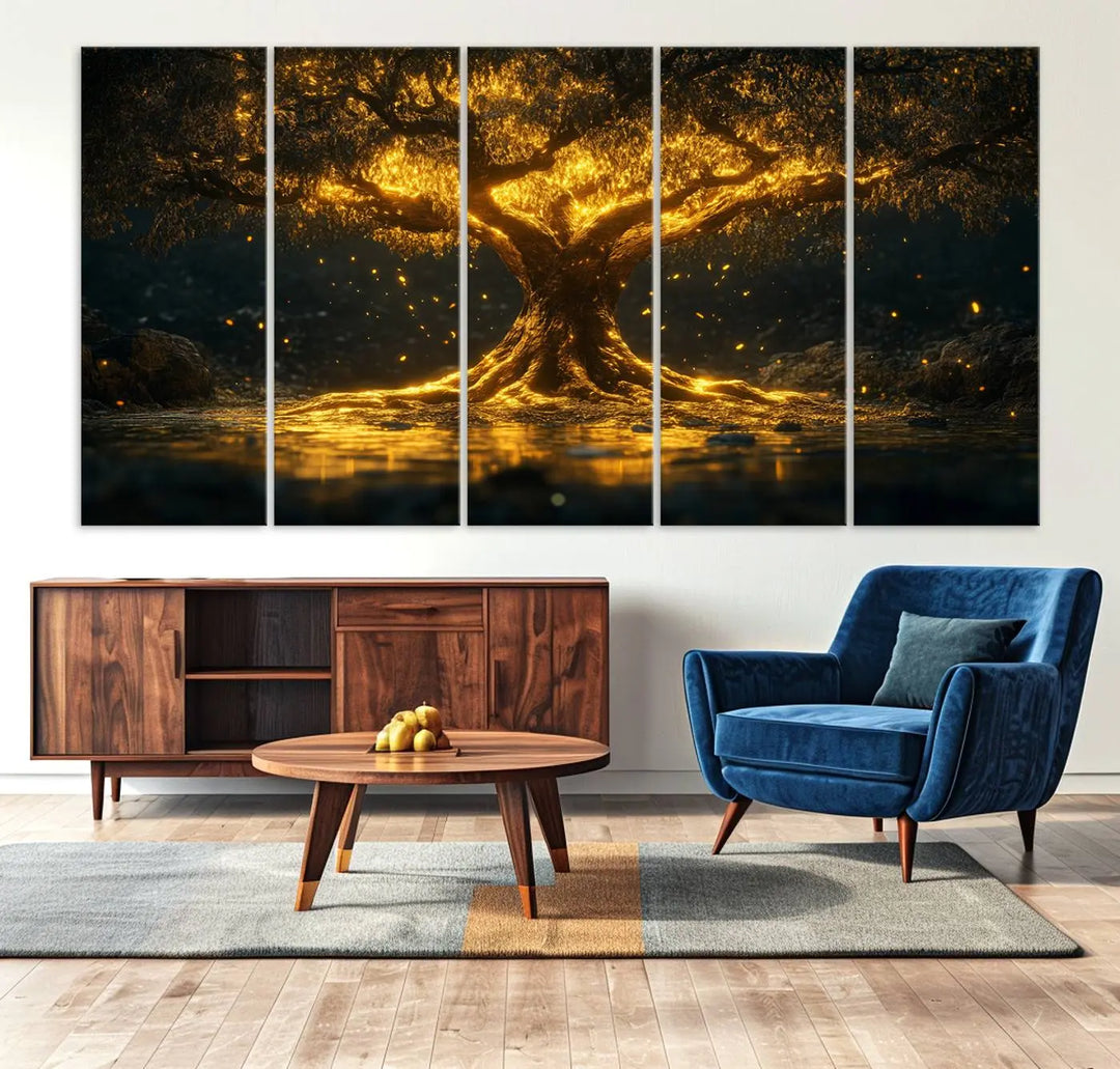 A stunning triptych of the Golden Tree of Life Canvas Wall Art Print showcases its majestic glowing tree design.