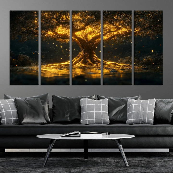 A stunning triptych of the Golden Tree of Life Canvas Wall Art Print showcases its majestic glowing tree design.