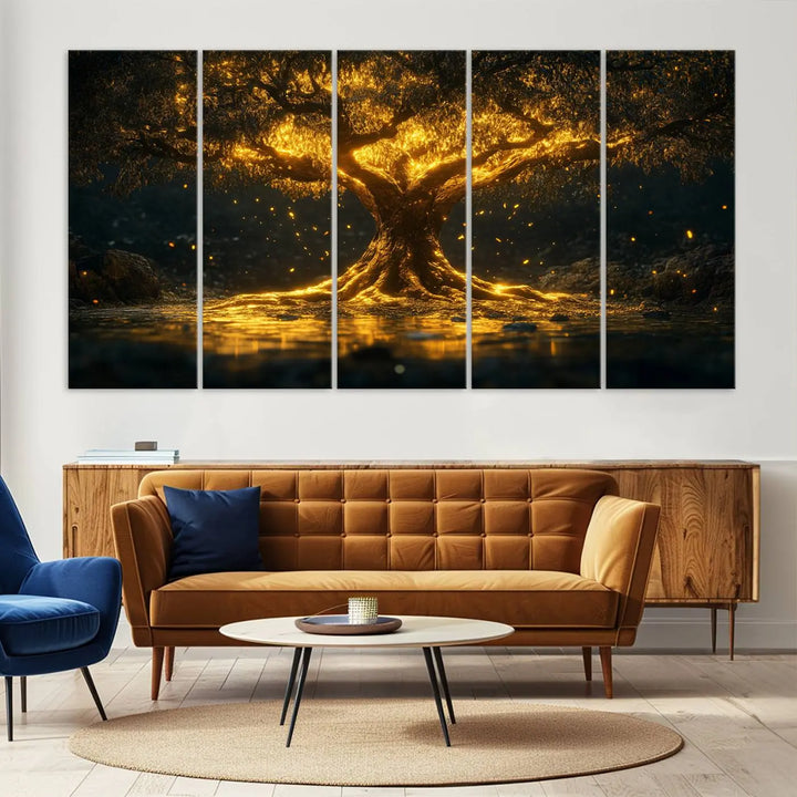 A stunning triptych of the Golden Tree of Life Canvas Wall Art Print showcases its majestic glowing tree design.