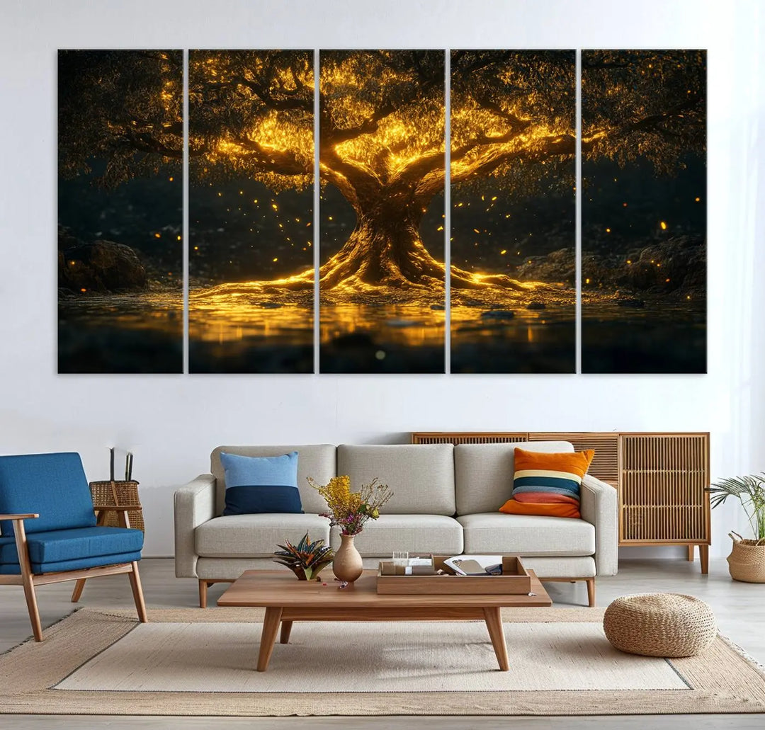 A stunning triptych of the Golden Tree of Life Canvas Wall Art Print showcases its majestic glowing tree design.