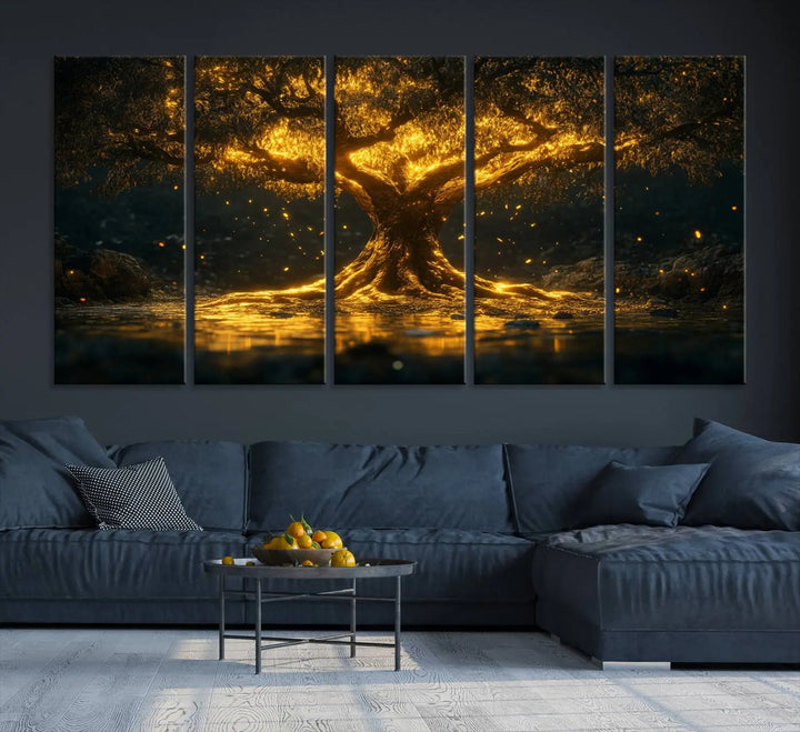 A stunning triptych of the Golden Tree of Life Canvas Wall Art Print showcases its majestic glowing tree design.