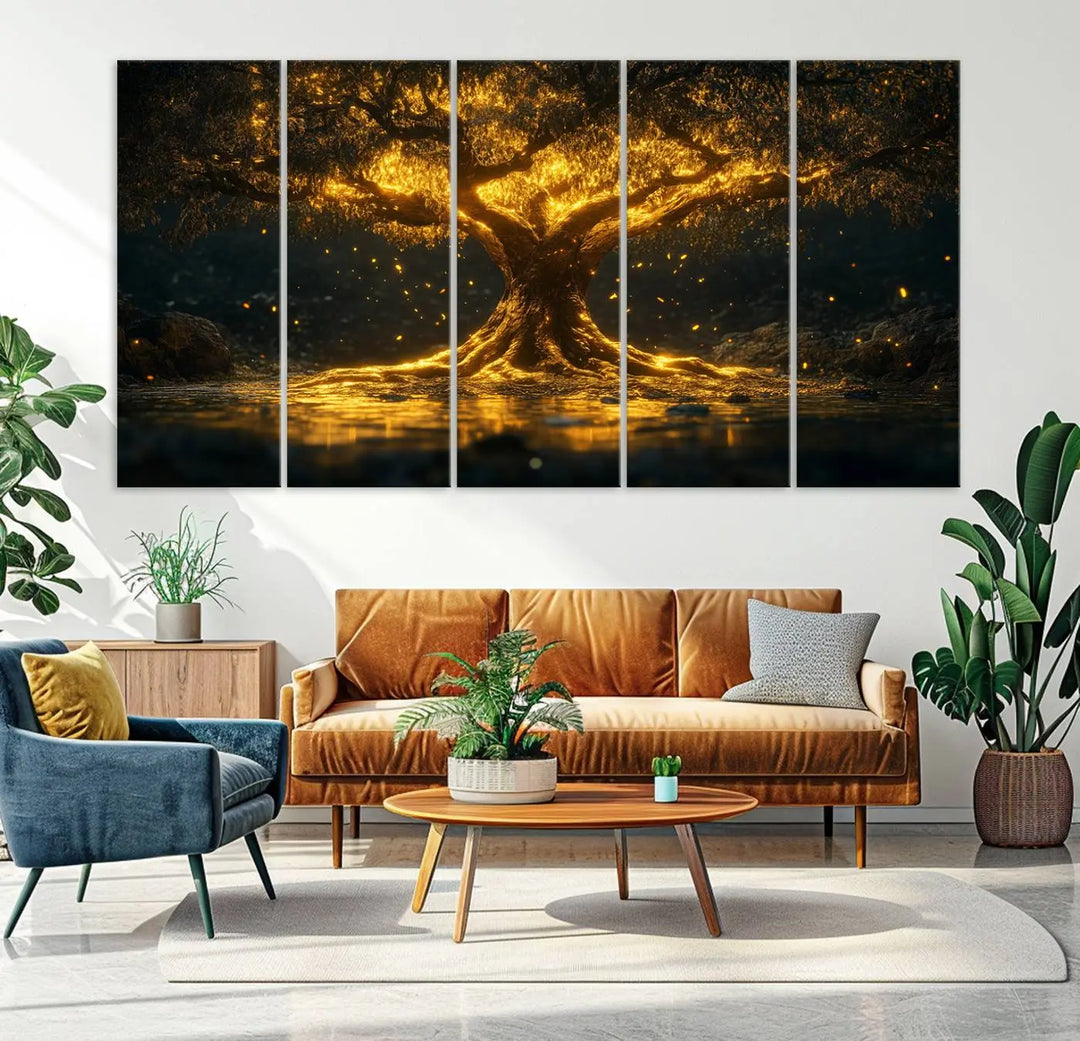 A stunning triptych of the Golden Tree of Life Canvas Wall Art Print showcases its majestic glowing tree design.