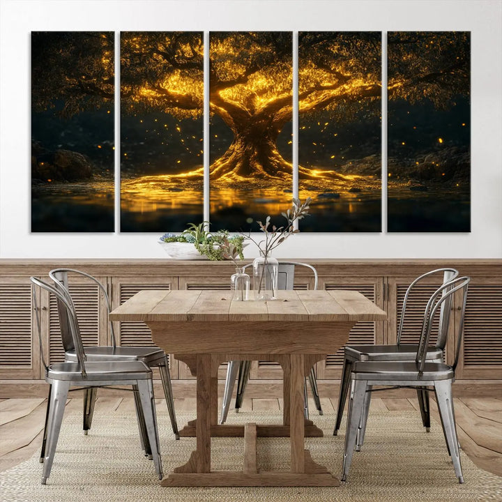 A stunning triptych of the Golden Tree of Life Canvas Wall Art Print showcases its majestic glowing tree design.