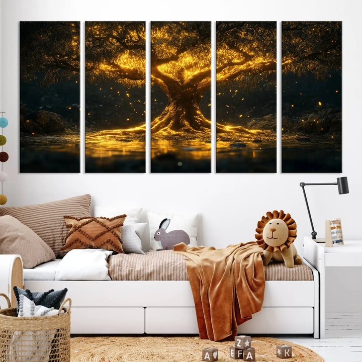 A stunning triptych of the Golden Tree of Life Canvas Wall Art Print showcases its majestic glowing tree design.