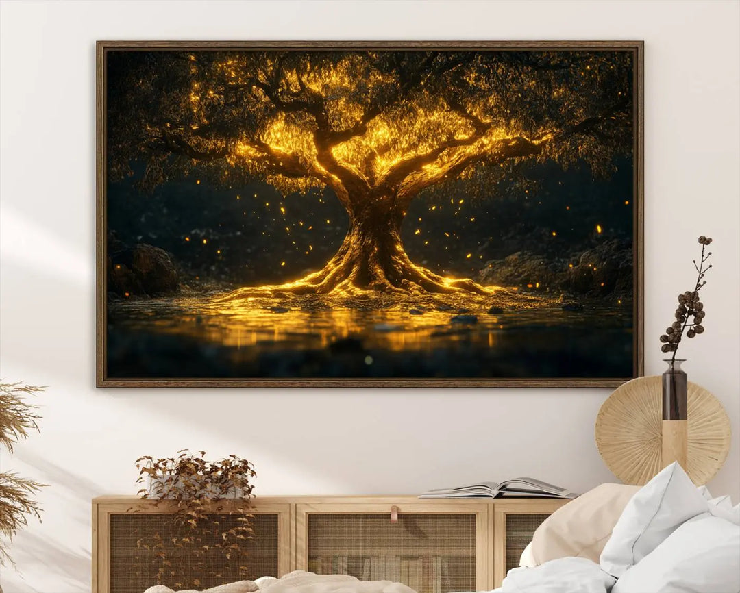 A stunning triptych of the Golden Tree of Life Canvas Wall Art Print showcases its majestic glowing tree design.