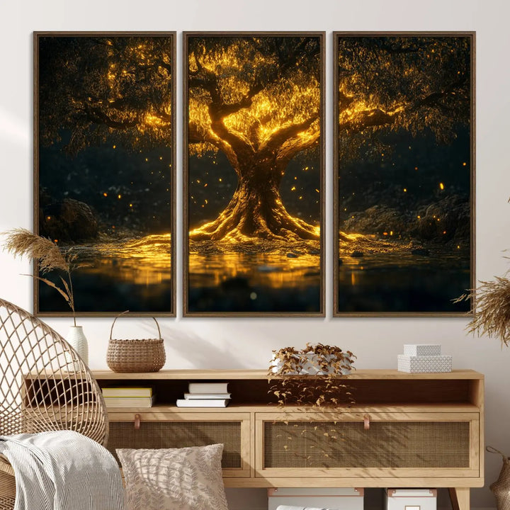 A stunning triptych of the Golden Tree of Life Canvas Wall Art Print showcases its majestic glowing tree design.